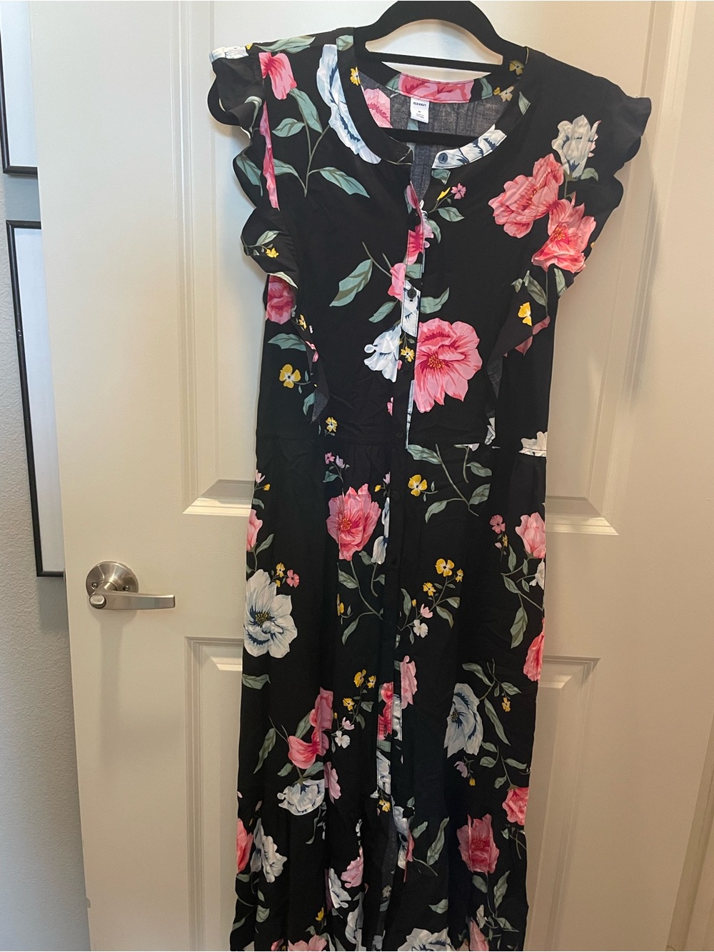 Old Navy Black Floral Button-Down Dress with Pink, Yellow & Blue Blooms